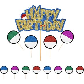 Cartoon Birthday Cake Topper, 1 Happy Birthday Cake Topper and 12 Small Round Cake Toppers Glitter Cake Topper Red White Anime Cake Topper Decorations Birthday Party Decorations