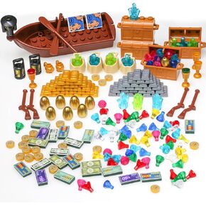 208 Pcs Treasure Accessories,Money Building Blocks Set,Treasure Chest Building-Block Bricks Pack,Pirate Ships Maps Dollar Jewel Gems Diamonds Gold Bar