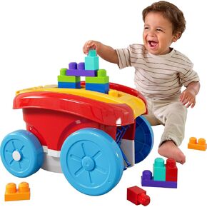 MEGA BLOKS First Builders Toddler Building Toy, Block Scooping Pull Wagon with 20 Pieces and Built-in Storage, Picks Up Blocks, Red, Kids Ages 1+