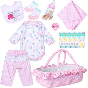 PEDOLLTREE 12 Pcs Reborn Baby Dolls Clothes Girl Pink Elephant Outfit Accessories for 17-22 Inch Reborn Doll Newborn Girl with Pink Heart Bassinet