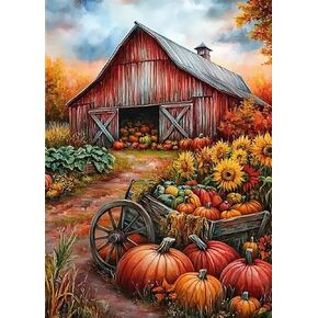 Farmhouse Pumpkin Cart Diamond Art Kits for Adults, 5D Fall Diamond Painting Kits for Adults Beginners, DIY Full Round Drill Diamond Dot Painting Gem Art Kits for Adult, Home Wall Decor 11.8x15.7 Inch