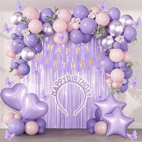 Birthday Decorations for Women Girls Tinsel Curtains 3D Bows Stickers Foil Balloons Happy Birthday Banners Pink Bows Banners Light Pink Crown