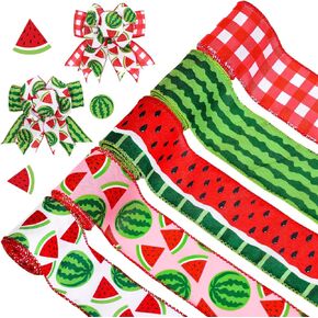 Whaline 5 Rolls Summer Watermelon Wired Edge Ribbon 2.5 Inch Red Green Fruit Watermelon Plaid Fabric Craft Ribbon for Farmhouse Bow Wreath Gift Wrap Party Decor