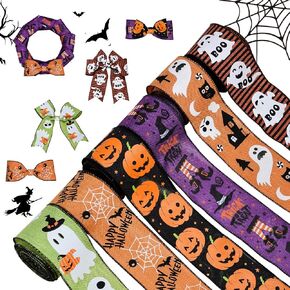 YAMA Halloween Ribbon Wired Web Ghost Pumpkin Witch Legs Hat Printed 2.5 Inch Ribbon for Crafts Wreath Bow Wrapping Party Decoration 6 Rolls Total 30 Yard (90 Feet)