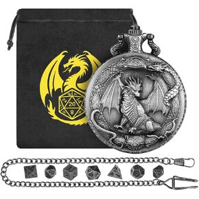 Mini DND Dice Set with Border Standing Dragon Pattern Pocket Watch Shell Case, 7pcs Polyhedral Mini Metal Dice Set, D&D Gifts with Gift Bag, Role Playing Board Game Accessories, Dark Silver