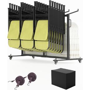 Heavy Duty Folding Chair Rack with Wheels – Folding Chair Cart Holds 42 Chairs or 12 Tables, Folding Chair Storage Rack for Indoor Outdoor Use, Includes Waterproof Cover & Straps