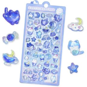 3D Cartoon Stickers Cute Blue Kitten Puff Calendar Marking Animal Stickers Tiny Kawaii Reusable Jelly Decoration for Planner Notebook Scrapbook Phone Case Decoration