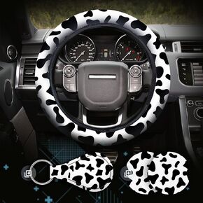 4 Pieces Leopard Cheetah Print Steering Wheel Cover Set with Car Cup Holder & Quarter Keyring, Universal Fit 14-15.5 inches, Leopard Cheetah Print Car Accessories Set