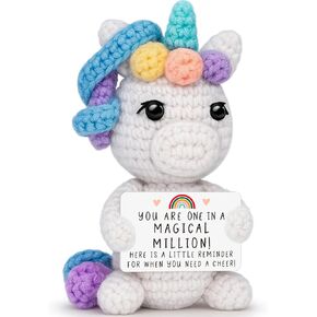 Small Handmade Knitted Unicorn Birthday Gifts for Her Women Boss Teacher Coworker,Creative Crochet Unicorn Doll Gifts for Thanksgiving Day Christmas with Cheer Card,Cute Home Room Office Desk Decor