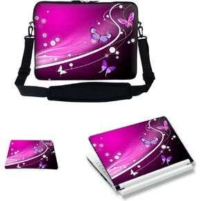 Meffort Inc 15 15.6 inch Laptop Carrying Sleeve Bag Case with Hidden Handle & Adjustable Shoulder Strap with Matching Skin Sticker and Mouse Pad Combo - Pink Butterfly Design