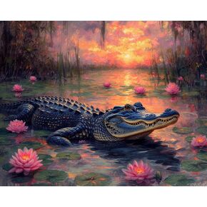 VNUIEHG Paint by Number, American Alligator's Swamp Sunset, Adult Crafts Adults' Paint-by-Number Kits, Room Decor Gift for Birthday Festival (16x20 inch, No Frame), Bright