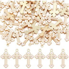 SUNNYCLUE 1 Box 60Pcs Alloy Enamel Cross Charm Bulk White Cross Charms Crucifix Gold Metal Rosary Small Charm for Jewelry Making Charms DIY Necklace Bracelet Keychain Earring Women Beginners Adults
