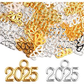 100pcs 2025 Year Charms - Mini 2025 Signet Charms, Gold & Silver Graduation Tassel-Pendants for DIY Jewelry Making, Alloy Tiny Ornament Charm Graduation Decor for Necklace Bracelet (0.51x0.32 Inch)