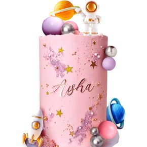 LaVenty Pink Space Cake Toppers Outer Space Astronaut Rocket Stars Cake Decorations for Birthday Party Supplies Baby Shower