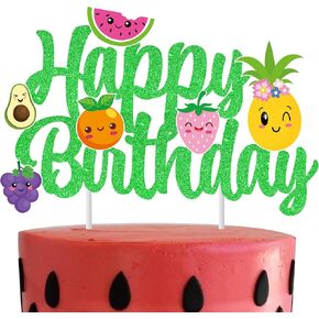 Tutti Frutti Green Happy Birthday Cake Topper for Summer Fruit Theme Birthday Party Decoration Fruit Party Cake Topper for Strawberry Pineapple Theme Birthday Party Supplies