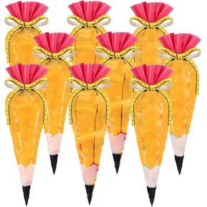 Yexiya 50 Pcs 5.12" x 9.84" Back to School Pencil Gift Bags Cone Popcorn Plastic Clear Treat Popcorn Candy Bags with Ribbon for Classroom Welcome First Day of School Teacher Appreciation Gift