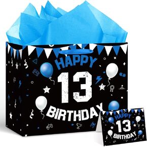 LUUFILx 13th Birthday Gift Bag for Boys Official Teenager Party Favors Bags Black White Gift Party Favors Bags with Handles for 13th Birthday Decorations