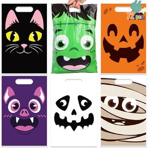 CCINEE 72 Pcs Halloween Goodie Candy Bags Large Trick-or-Treat Bags with Handle Plastic Gift Bag Party Favor Supplies for Halloween Party Favor