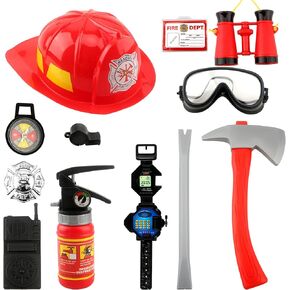 12 Pcs Kids Firefighter Costume Role Play Fireman Gear with Helmet Fireman Hat with Tools Firefighter Career Dress Up Toy Accessories for Boys Girls Halloween Party Pretend Play