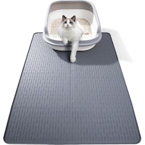 Silicone Cat Litter Mat, 28"x20" Waterproof Litter Box Mat Cats Feeding Mats with Raised Edges, Quick Clean Desig (Grey)
