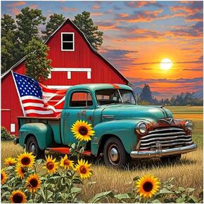 hill froeistung 5D Farmhouse Diamond Art Painting Kits Fall DIY Full Round Drill Rustic Diamond dots for Adults,Beginners,Diamond Art Painting Crystal Craft Kit for Wall Decor 12x12inch,Truck