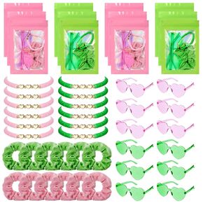 XunYee 48 Pcs Witch Theme Party Favor Supplies Pink and Green Velvet Hair Scrunchies Friendship Bracelets Sunglasses Bags 12 Set Neon Friendship Gifts for Fans Women Pink and Green Party Favors