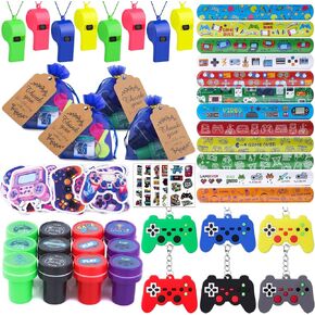 134 Pcs Video Game Party Favors, Includes Video Game Slap Bracelet Keychain Stamper Whistle Mesh Bag Card Stickers Tattoos for Kids Gaming Party Favors Birthday Goodie Bag Fillers
