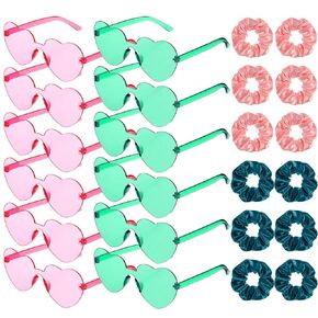 24 Pcs Witch Party Favor Supplies Hair Scrunchies and Sunglasses 12 Silk Satin Scrunchies 12 Heart Shaped Glasses for Witch Party Favor(Pink, Light Green)