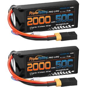 Powerhobby 2s 7.4v 2000mah 50c Lipo Battery w XT60 Plug + Adapter (2) Compatible with: Traxxas 1/16 E-Revo Slash Rally Summit