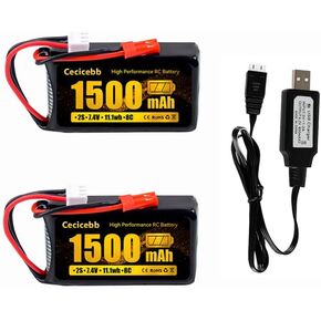7.4V Li-Po Battery 1500mAh with JST Connector for Flysky FS-GT5 2.4G 6CH Transmitter RC Remote Controller 2 Pack Flysky gt5 lipo Battery with USB Charger