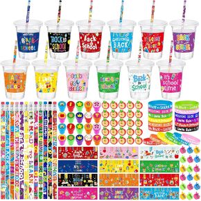 Aneco 288 Pieces Back to School Stationery Set Include Cups with Lids Bracelets Pencil Sharpeners Erasers Stamps Cards for Classroom Party Exchange Gift Reward Prizes