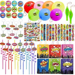 122 Pcs Hero Themed Party Favor Supplies Kit Includes Drinking Straws Badge Keychains Slap Bracelets Balloons Stickers and Gift Bags Hero Themed Party Favors Birthday Decorations