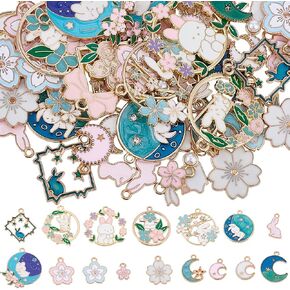 SUNNYCLUE 1 Box 56Pcs 18 Styles Rabbit Charm Flower Charms Bulk Metal Enamel Spring Easter Cute Pink Hollow Rabbits Bunny Moon Charm for Jewelry Making Charms DIY Keychain Bracelet Earrings Necklace