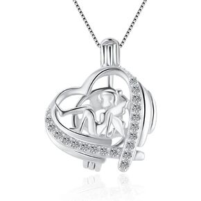 Sterling Silver CZ Fairy Heart Cage Pendants for Women, Design Cage Pendants for Jewelry Making, Essential Oil Diffuser Lockets for Pearl Jewelry