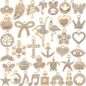 Gold-Tone Rhinestone Charms Set for DIY Jewelry Making - 36 PCS Assorted Metal Pendants for Bracelets, Necklaces, Earrings - Elegant Craft Supplies, Gift Ideas for Jewelry Lovers