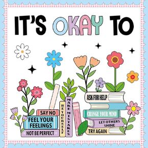Affirmation Station Bulletin Board Set Flower Book Cutouts It's Okay to Bulletin Board Inspirational Mental Health Classroom Decorations for Back to School Office Home Chalkboard Wall Door Decor