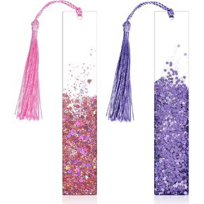 2 Pcs Glittering Book Bookmarks for Women Resin Handmade Bookmarks with Tassels Pink Bookmark Clear Bookmark Pink Cute for Women Kids Book Lovers