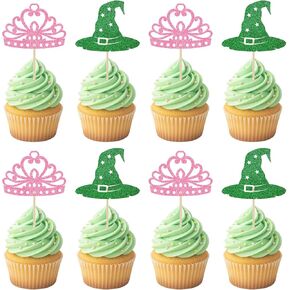 Witch Birthday Party Decorations - 36 Pcs Pink and Green Cupcake Toppers Set Crown Hat Cake Cupcakes Dessert Decor Musical Movie Theme Supplies Favors for Kids Adult Women Girls