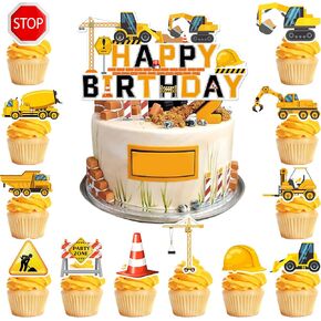 Construction Cake Topper, 13 Pcs Construction Cake Decorations Set, Construction Birthday Cake Topper, Construction Cupcake Toppers Excavator Cupcake Toppers for Construction Birthday Party Supplies