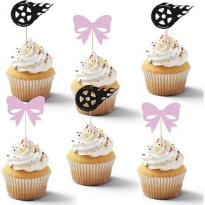 24Pcs Burnouts or Bows Cupcake Toppers Gender Reveal Cake Topper Wheel Glitter Birthday Decorations Bow Theme Party for Baby Shower Engagement Supplies