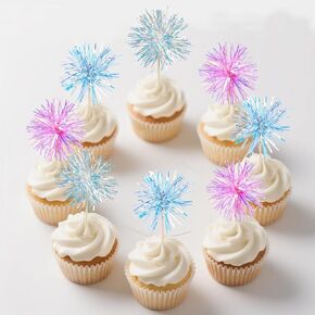 30Pcs Pink Foil Firework Cupcake Toppers Sparkle Tinsel Flower Drink Stirrers Cocktail Food Fruit Toothpicks Happy Birthday Cake Toppers for Valentine's Day Party Supplies