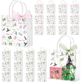 Sweetude 24 Pack Witch Party Gift Bags with Ribbon Bow Witch Party Favors PVC Clear Gift Goodie Bags with Handles for Pink and Green Birthday Decorations Friendship Fans Favors Halloween Decorations