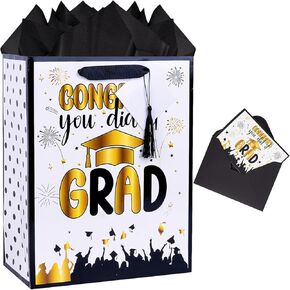 JWSCYSY Large White Gold Graduation Gift Bag, 12.6" Congrats Grad Gift Bag with Tissue Paper and Card for Boys, Girls High School, College Graduation Party Favor.