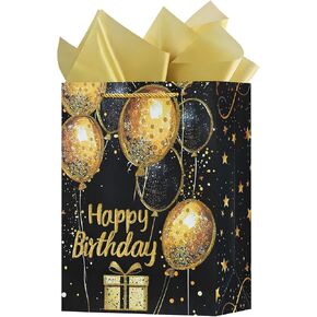 OFIHANLY 12.6" Medium Size Happy Birthday Gift Bag with Handles for Women Men Kids Baby Boy Girls Black&Gold Glitter Paper Gift Wrap Bags with Tissue Paper,1Pcs