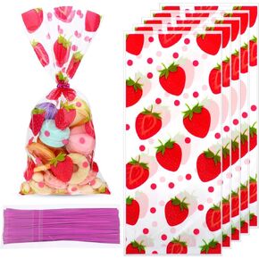 50-Piece Strawberry Cello Treat Bags - Clear Plastic, Twist Tie, Perfect for Birthday Parties