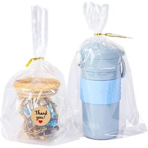 Klmnop 200 Pack 8"x 11" Bottom Gusset Bags, Clear Plastic Cello Cellophane Bags with Twist Ties and Thank You Sticker, Gift Packaging for Party Favor Mugs, Dessert Goodies, Cookies(Clear)