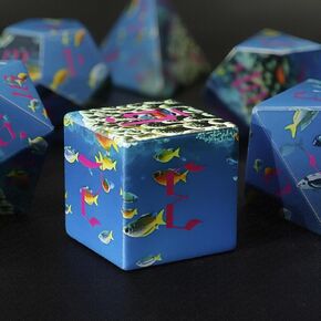 DND Dice Set Ocean Blue - Underwater World Design with Coral & Fish, 7Pcs Polyhedral Dice with Box for Dungeon and Dragons D&D RPG
