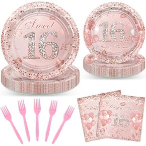 Avezano 96 Pcs Rose Gold Sweet 16 Birthday Party Paper Plates and Napkins Girls Sweet 16 Decorations Sweet Sixteen Birthday Party Disposable Paper Tableware Serve 24