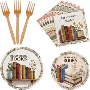 Book Theme Party Decorations Kit - 96 Pcs Books Club Birthday Decoration Including Paper Plate Napkin Disposable Cutlery For Library Reading Theme Table Supplies Dinnerware Serve 24