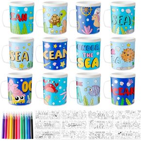 Ocean Animals Color Your Own Mugs for Kids - 12Pcs Under the sea Bulk 8oz Personalized Coffee Mugs with 36Pcs Insert Paper DIY Plastic Cups for Birthday Summer Party School Home Activities Supplies